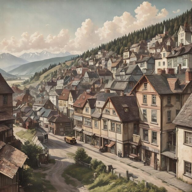 a picture of a town with a mountain in the background