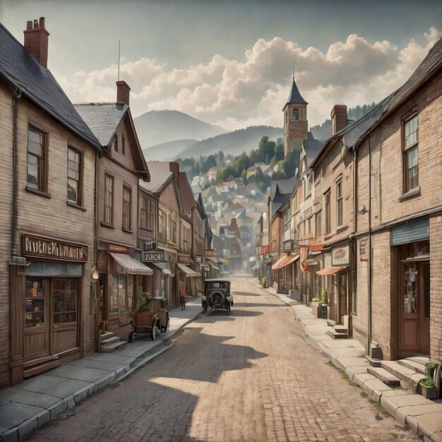 a picture of a town with a mountain in the background