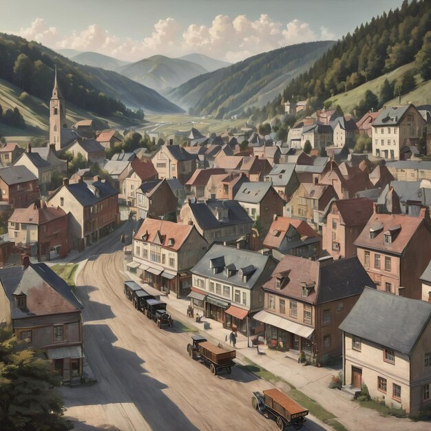 a picture of a town with a mountain in the background