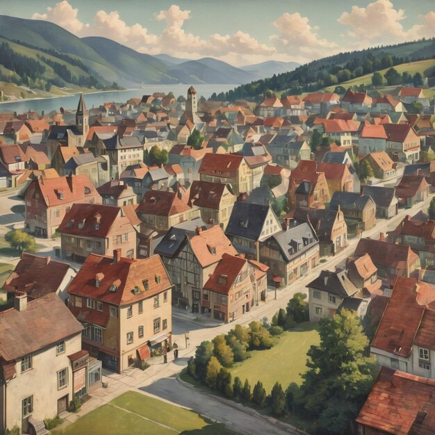 a picture of a town with a mountain in the background