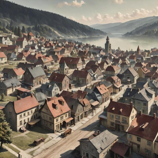 a picture of a town with a mountain in the background