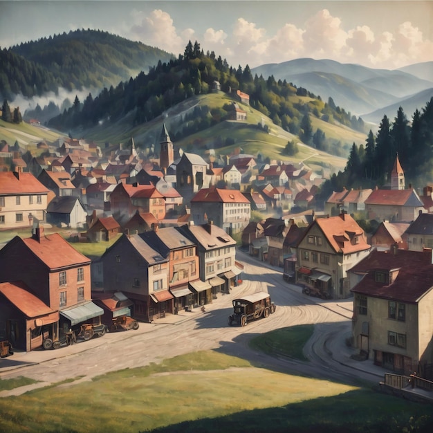 a picture of a town with a mountain in the background