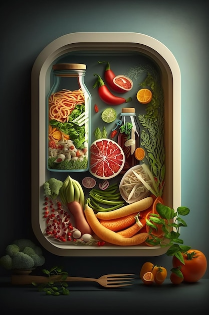 A picture of a tray with vegetables and fruits including a bottle of water.