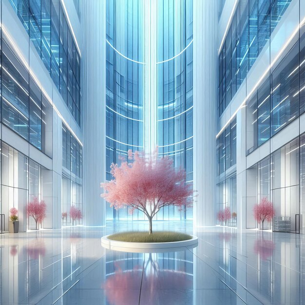 a picture of a tree in a building with a reflection of a building in it