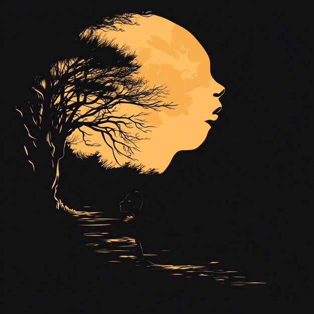 a picture of a tree and the moon with a face on it