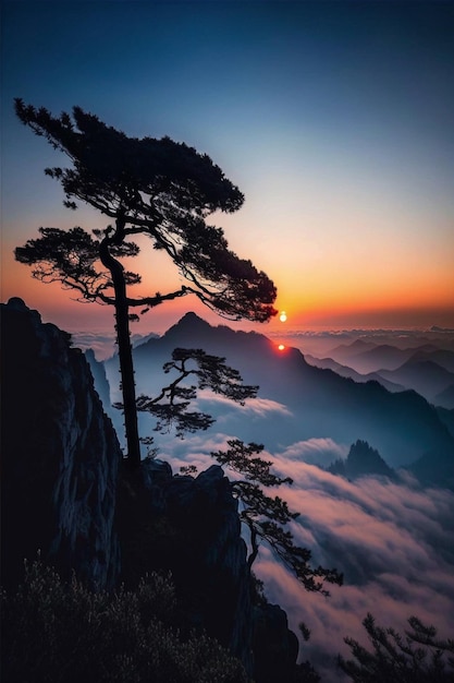 A picture of a tree on a mountain with the sun setting behind it.