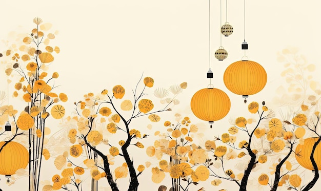 a picture of a tree with chinese lanterns and flowers on it in the style of pattern designs