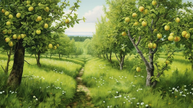 A picture of a tree with a path leading to a field of fruit trees.