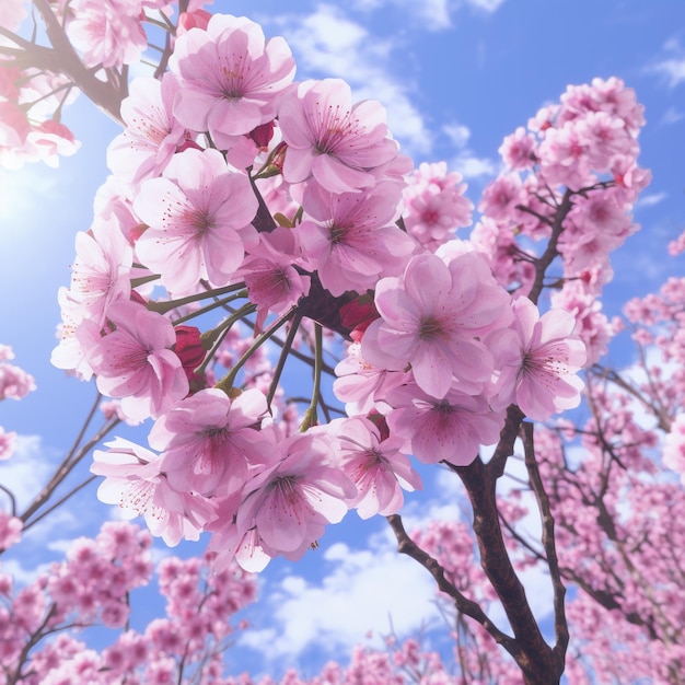 A picture of a tree with pink flowers and the sun shining through the branches.