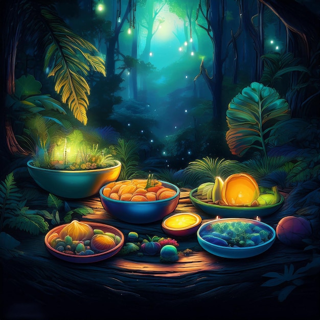 a picture of a tropical forest with a plate of fruit and a fire pit