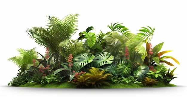 A picture of a tropical garden with plants and flowers.