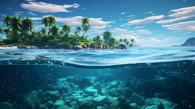 a picture of a tropical island with palm trees and a coral reef