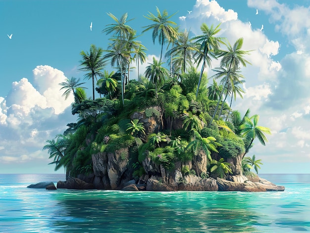 a picture of a tropical island with palm trees on the water