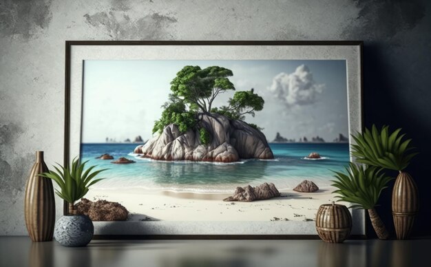 A picture of a tropical island with a small island in the middle of it.