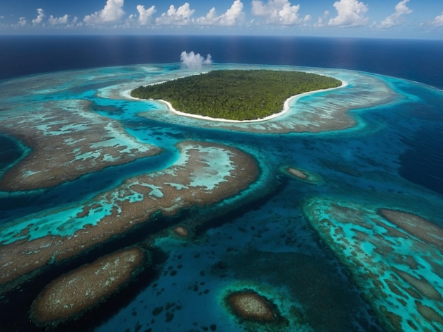 a picture of a tropical island with a small island in the middle