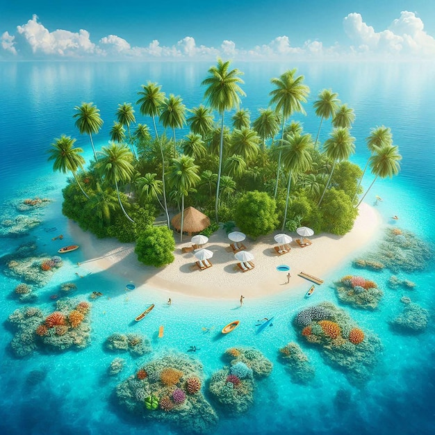 a picture of a tropical island with a small island with many tropical fish swimming around it