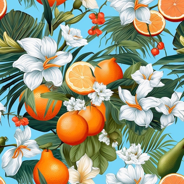 a picture of a tropical scene with oranges and flowers