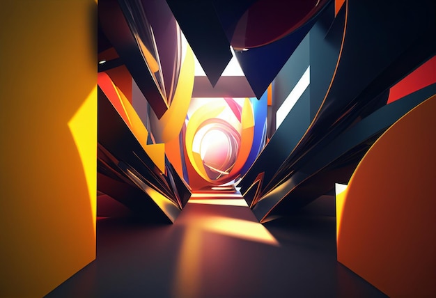 A picture of a tunnel with a light at the end 3D render Abstract illusionism with colorful Architecture avantgarde 4k wallpaper with raytracing shadows and jagged spiraling shapes Generative AI