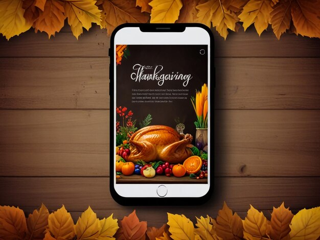 a picture of a turkey on a phone with autumn leaves