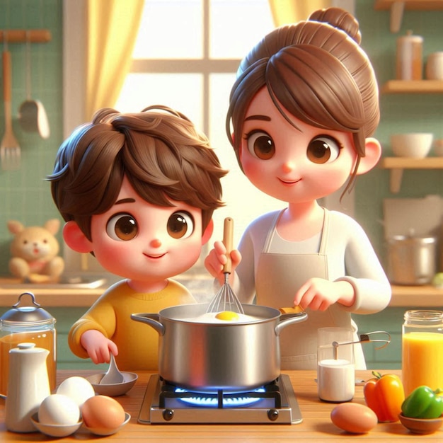 a picture of two children cooking with eggs and a pot of eggs