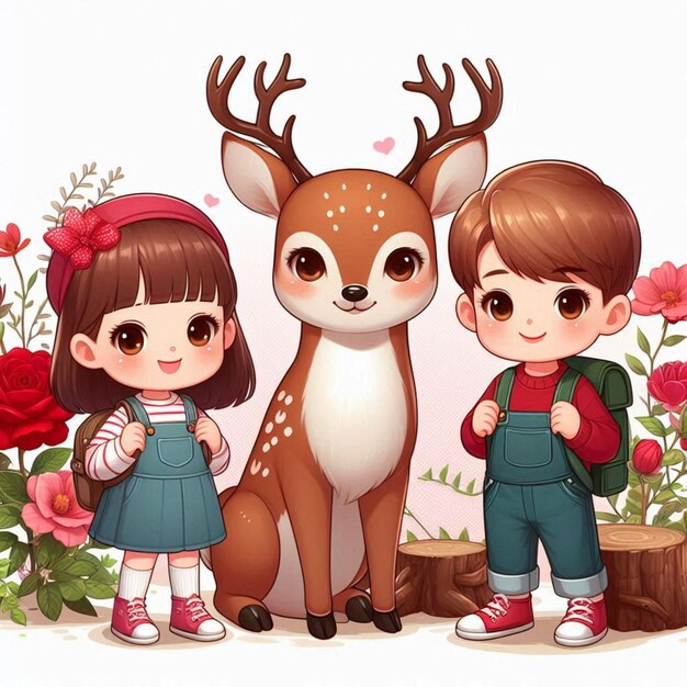 Photo a picture of two children and a deer with a girl and a backpack