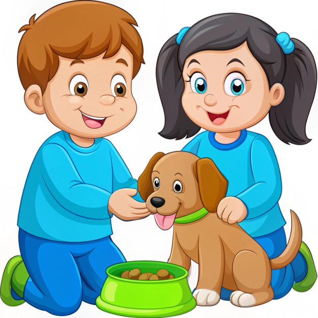 Photo a picture of two children and a dog with food in it