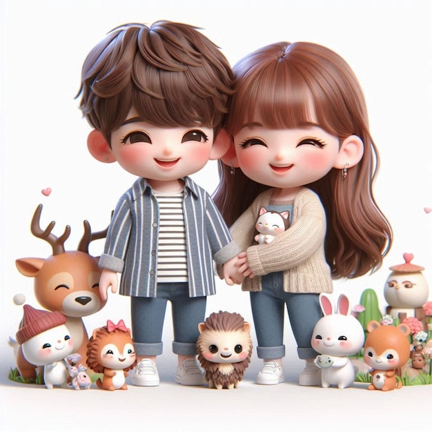 a picture of two children and a girl with a deer and bunny