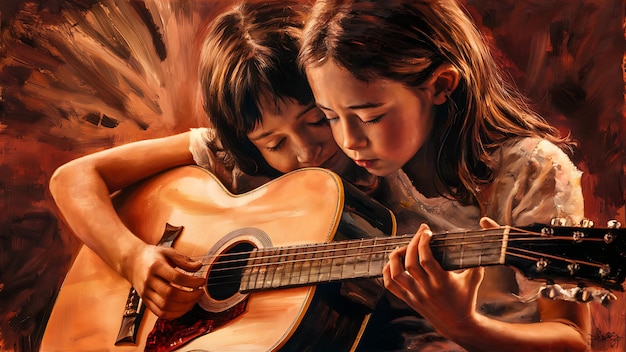 a picture of two children playing a guitar