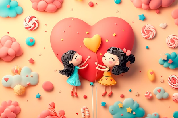 a picture of two children playing with a heart shaped balloon