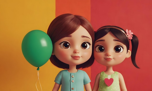 a picture of two dolls with a green balloon and a girl with a heart on the front