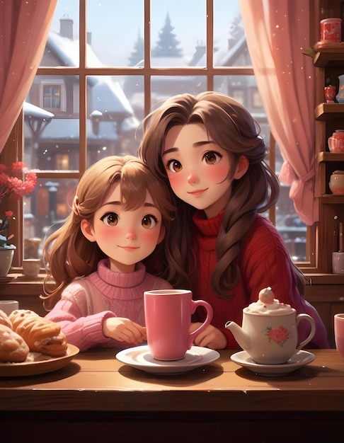 a picture of two girls and a cup of tea