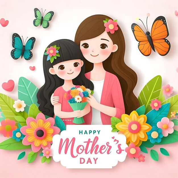 a picture of two girls holding flowers and a card that says happy mothers day