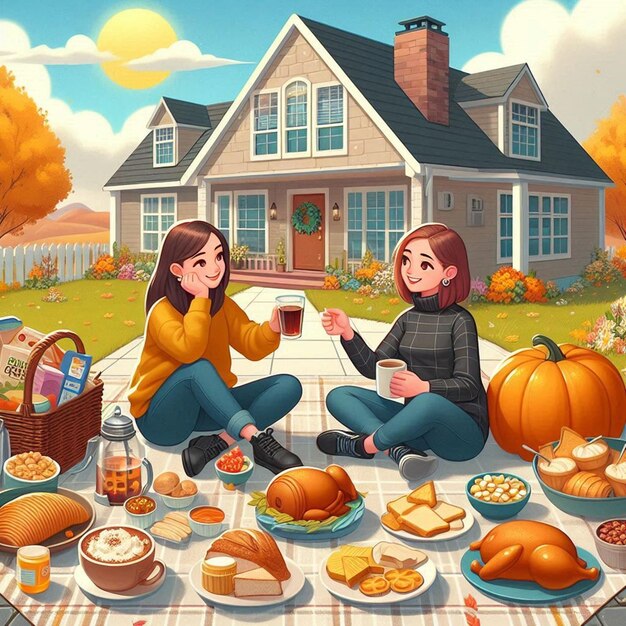 a picture of two girls and a house with a pumpkin and bread