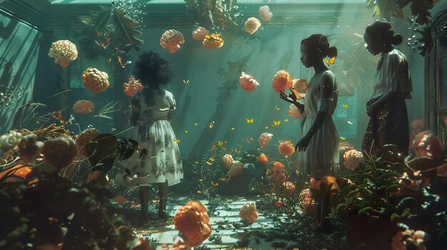 a picture of two girls looking at the fish in the water