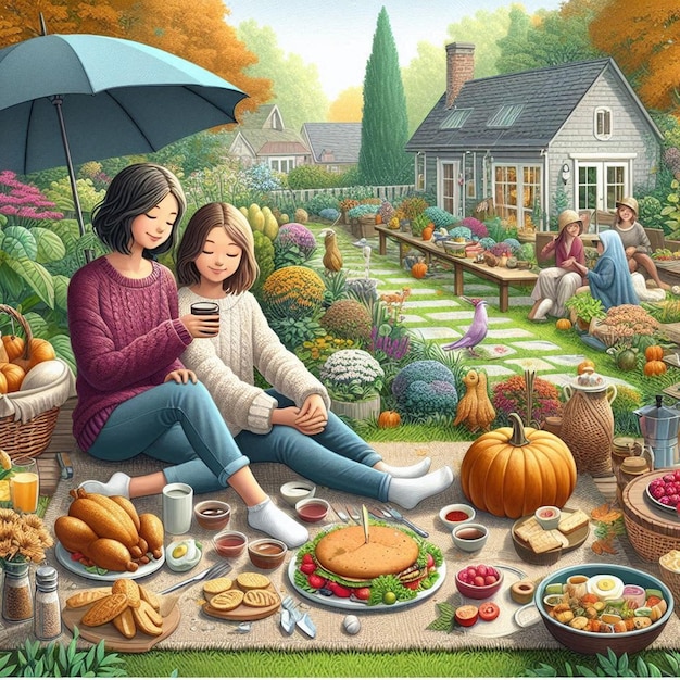 a picture of two girls sitting in a garden with a table full of food and a house in the background