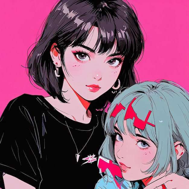 a picture of two girls with green hair and a pink background