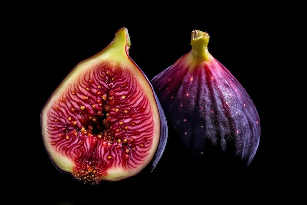 A picture of two slices of fig on top of a black background Generative AI