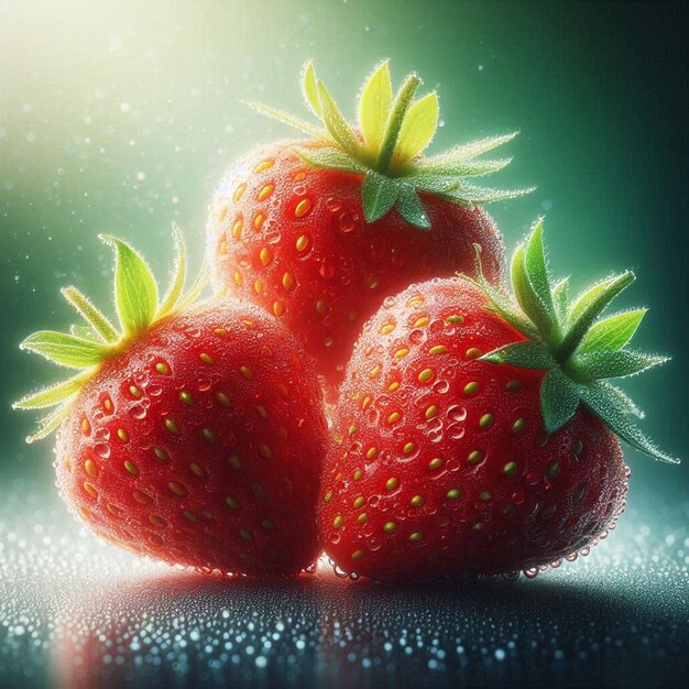 a picture of two strawberries with green leaves and a green background