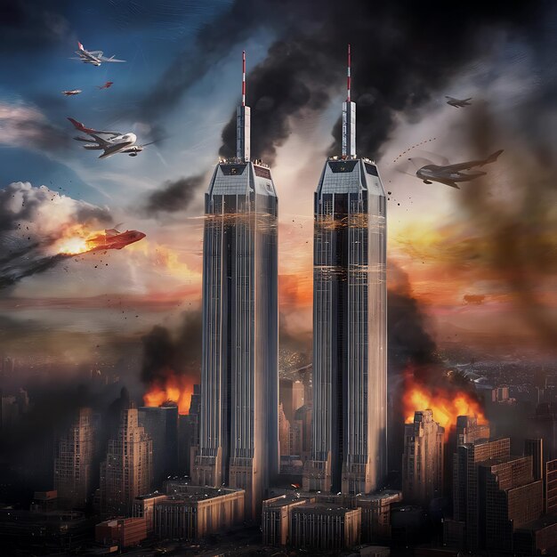 a picture of two tall buildings with planes flying in the sky