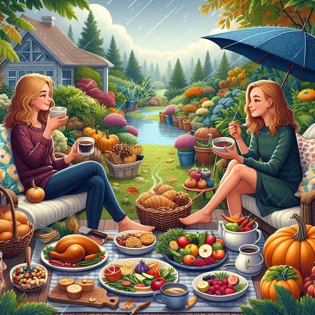 a picture of two women sitting in a garden with a lady holding an umbrella