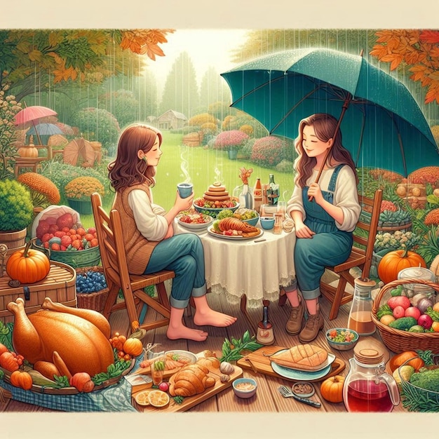 a picture of two women sitting under an umbrella with a woman holding an umbrella over them