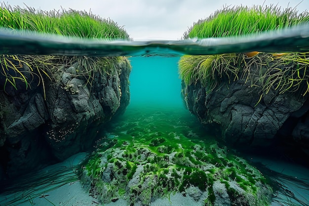 Photo a picture of a underwater area with green grass and rocks