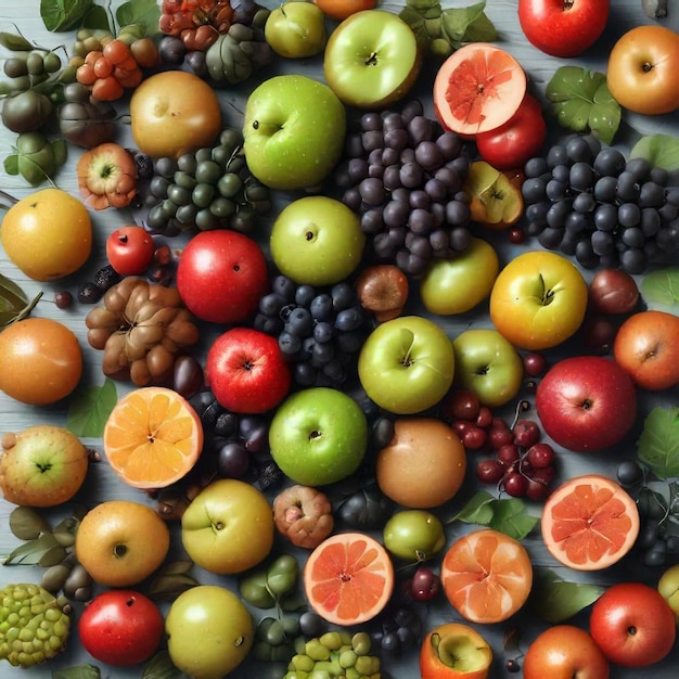 a picture of a variety of fruits including grapes apples and oranges