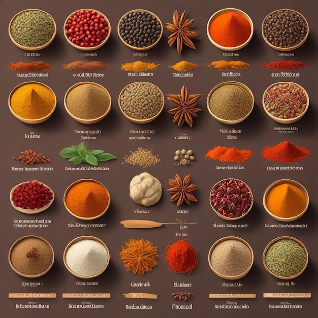 Photo a picture of a variety of spices including spices and spices