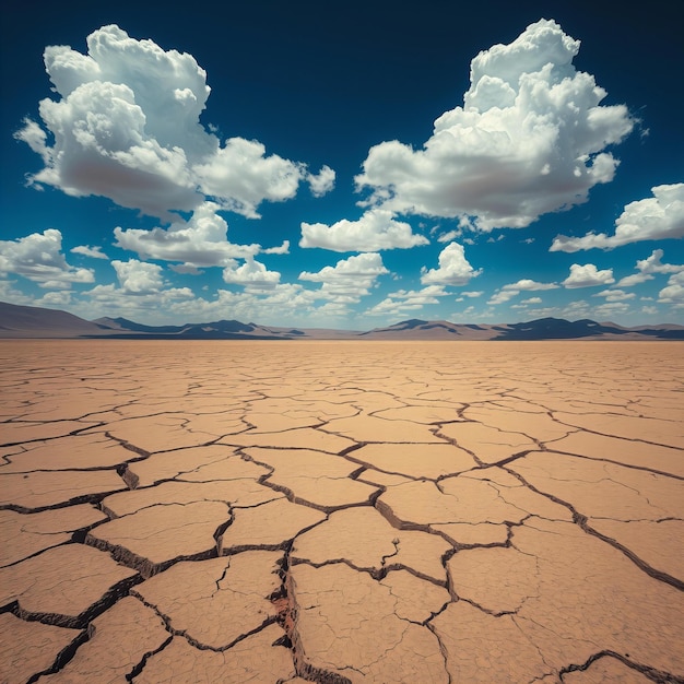 Picture Vast cracked desert under a deep blue sky with white clouds creating an otherworldly and s