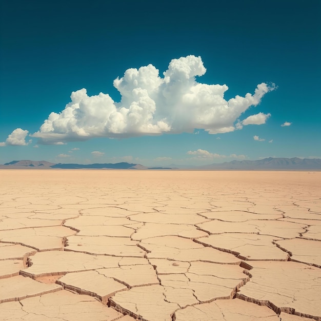 Picture Vast cracked desert under a deep blue sky with white clouds creating an otherworldly and s