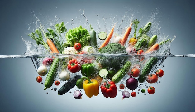 a picture of vegetables and fruits and vegetables with a splash of water