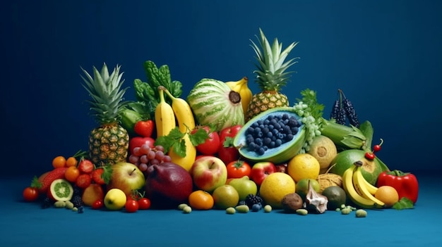 A picture of vegetables and fruits with a blue background Generative AI