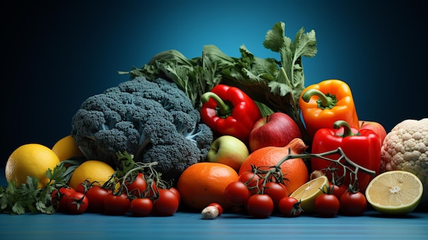 A picture of vegetables and fruits with a blue background