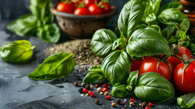 a picture of vegetables and tomatoes on a table